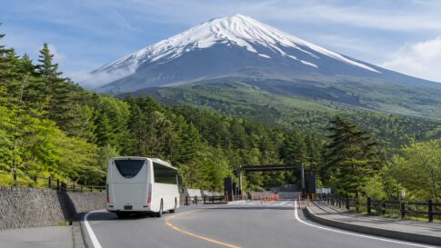 Shuttle bus on Fuji Subaru Line mountain road toward the 5th Station