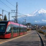 Modern tram concept near Lake Kawaguchiko with Mt. Fuji in the background