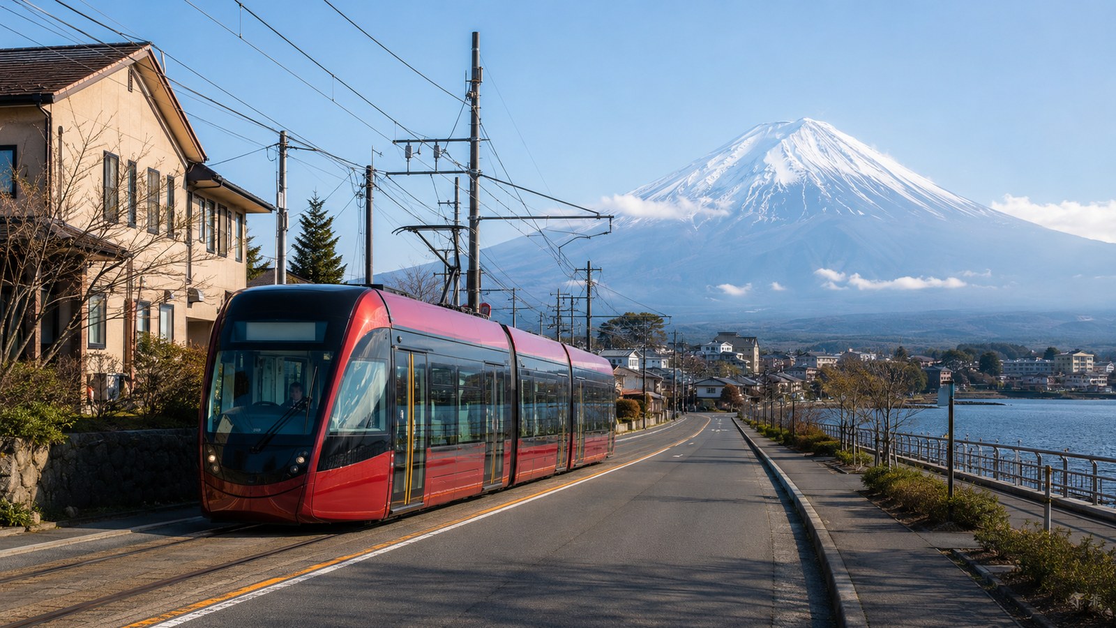 Modern tram concept near Lake Kawaguchiko with Mt. Fuji in the background