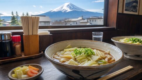 Bowls of Yoshida udon in a small Fujiyoshida restaurant with Mt. Fuji outside
