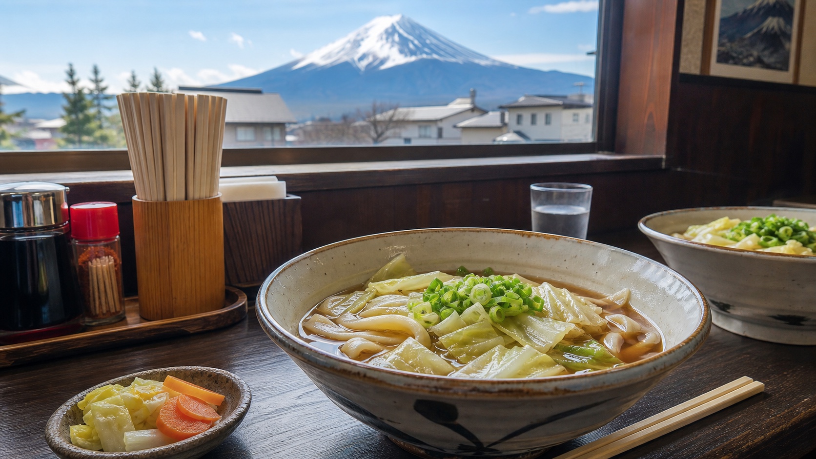 Bowls of Yoshida udon in a small Fujiyoshida restaurant with Mt. Fuji outside