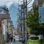 Fujiyoshida Honcho Street leading toward Mt. Fuji with everyday city traffic