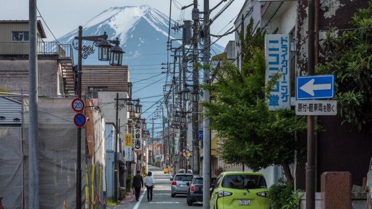Fujiyoshida Honcho Street with Mt. Fuji in the background