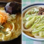 Hoto and Yoshida udon side by side for a Mt. Fuji noodle comparison