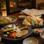 A relaxed Japanese dinner table near Kawaguchiko Station after a Mt. Fuji sightseeing day