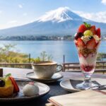 Coffee and fruit desserts in a calm Lake Kawaguchiko cafe with Mt. Fuji beyond the window