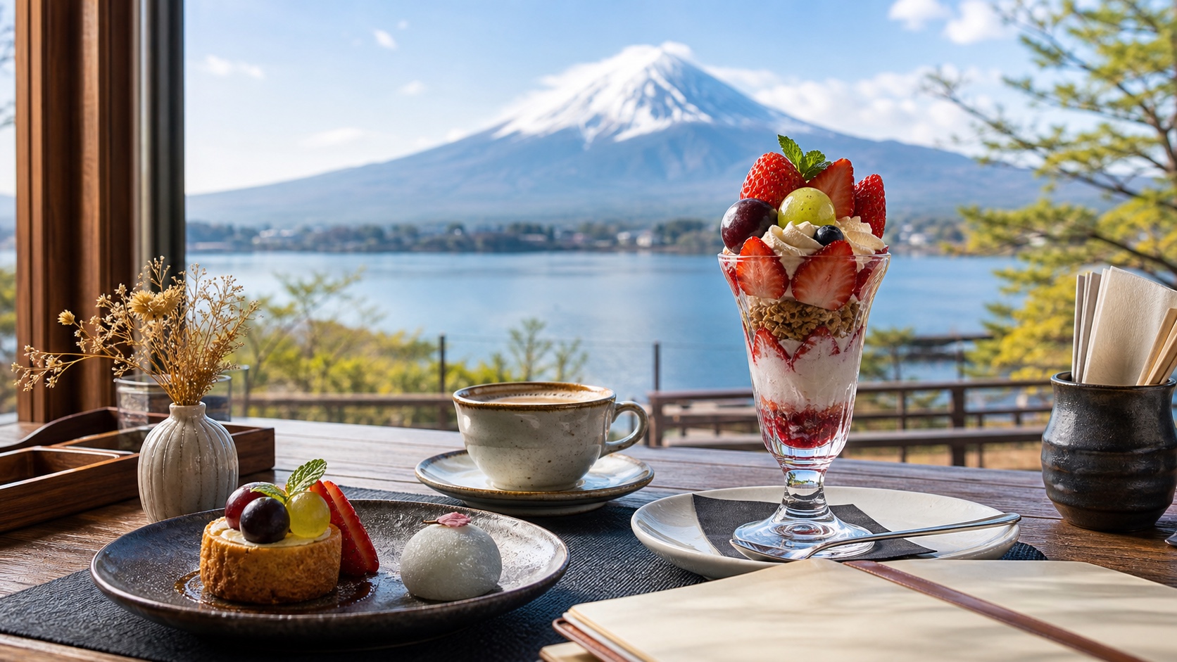 Coffee and fruit desserts in a calm Lake Kawaguchiko cafe with Mt. Fuji beyond the window