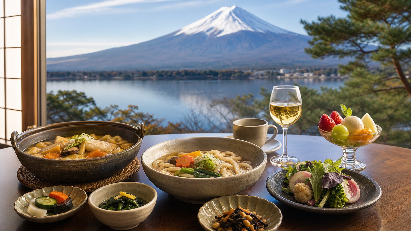 Photorealistic Lake Kawaguchiko food table with hoto hot pot, Yoshida udon, coffee, fruit dessert, and Mt. Fuji view