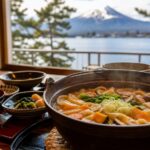 A warm hoto hot pot meal with Lake Kawaguchiko and Mt. Fuji outside the window
