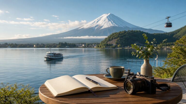 Morning Mt. Fuji view from a Lake Kawaguchiko hotel