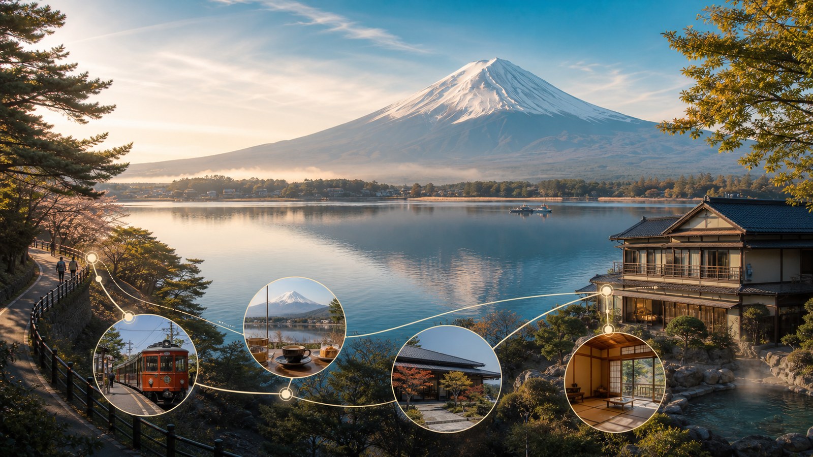 Illustrated Lake Kawaguchiko travel planning overview with Mt. Fuji, lake, station, cafe, museum, and stay ideas