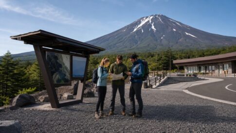 Travelers check route information near a clean Mt. Fuji 5th Station planning area