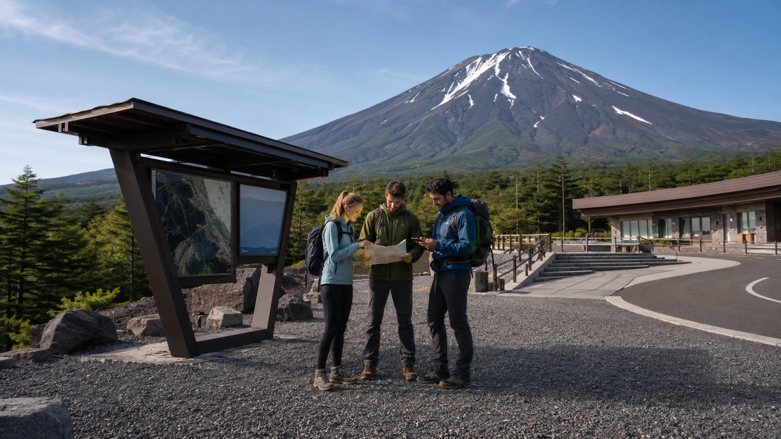 Travelers check route information near a clean Mt. Fuji 5th Station planning area