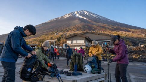 Hikers preparing gear at Mt. Fuji 5th Station for climbing season