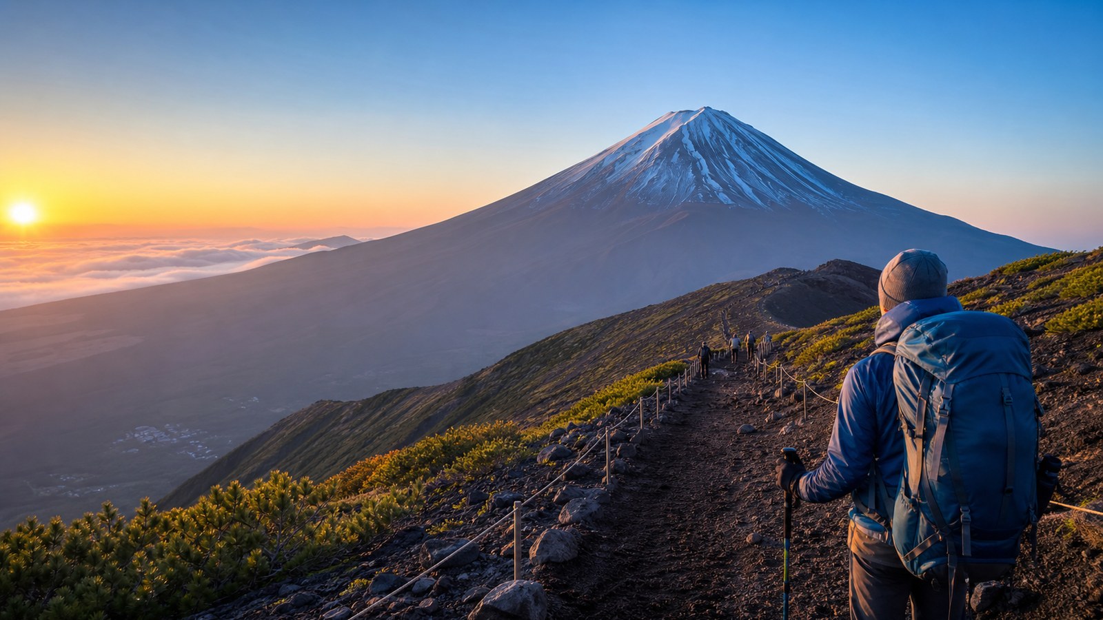 A climber on a Mt. Fuji trail at sunrise, representing mountain hut reservation planning