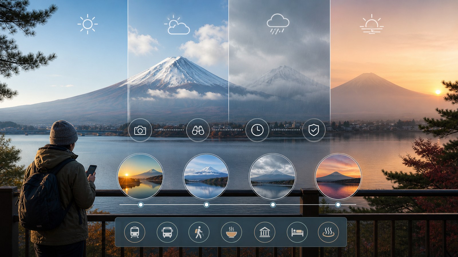 Illustrated Mt. Fuji visibility planning scene with weather changes, lake viewpoint, live camera motif, and traveler checking conditions