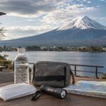 Calm Mt. Fuji ashfall safety kit beside a lakeside view