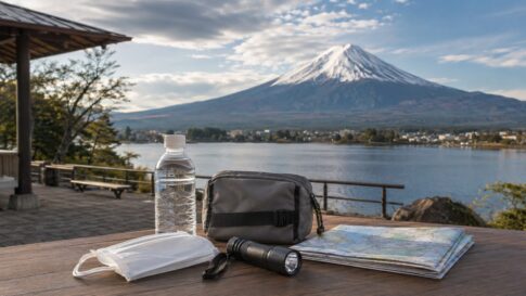 Calm Mt. Fuji ashfall safety kit beside a lakeside view