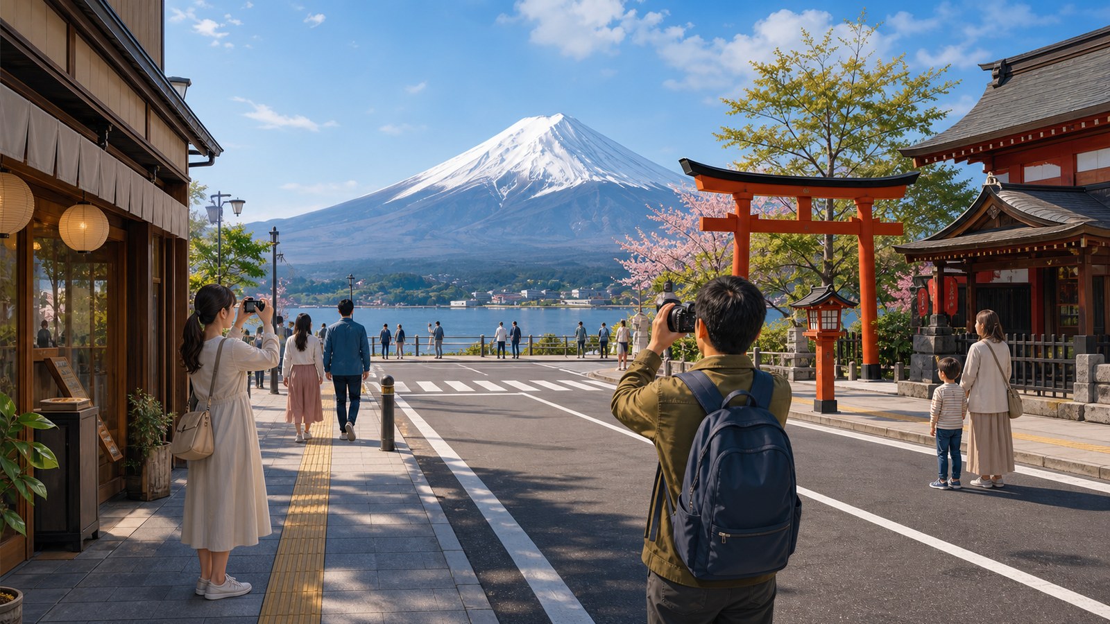 Illustrated respectful travel scene near Mt. Fuji with sidewalk photography, shrine, lake, local shop, and calm visitor behavior