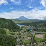 Aerial view of Saiko Iyashi-no-Sato Nenba village with Mt. Fuji in the distance