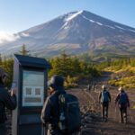Hikers checking Shizuoka-side Mt. Fuji trail information before climbing