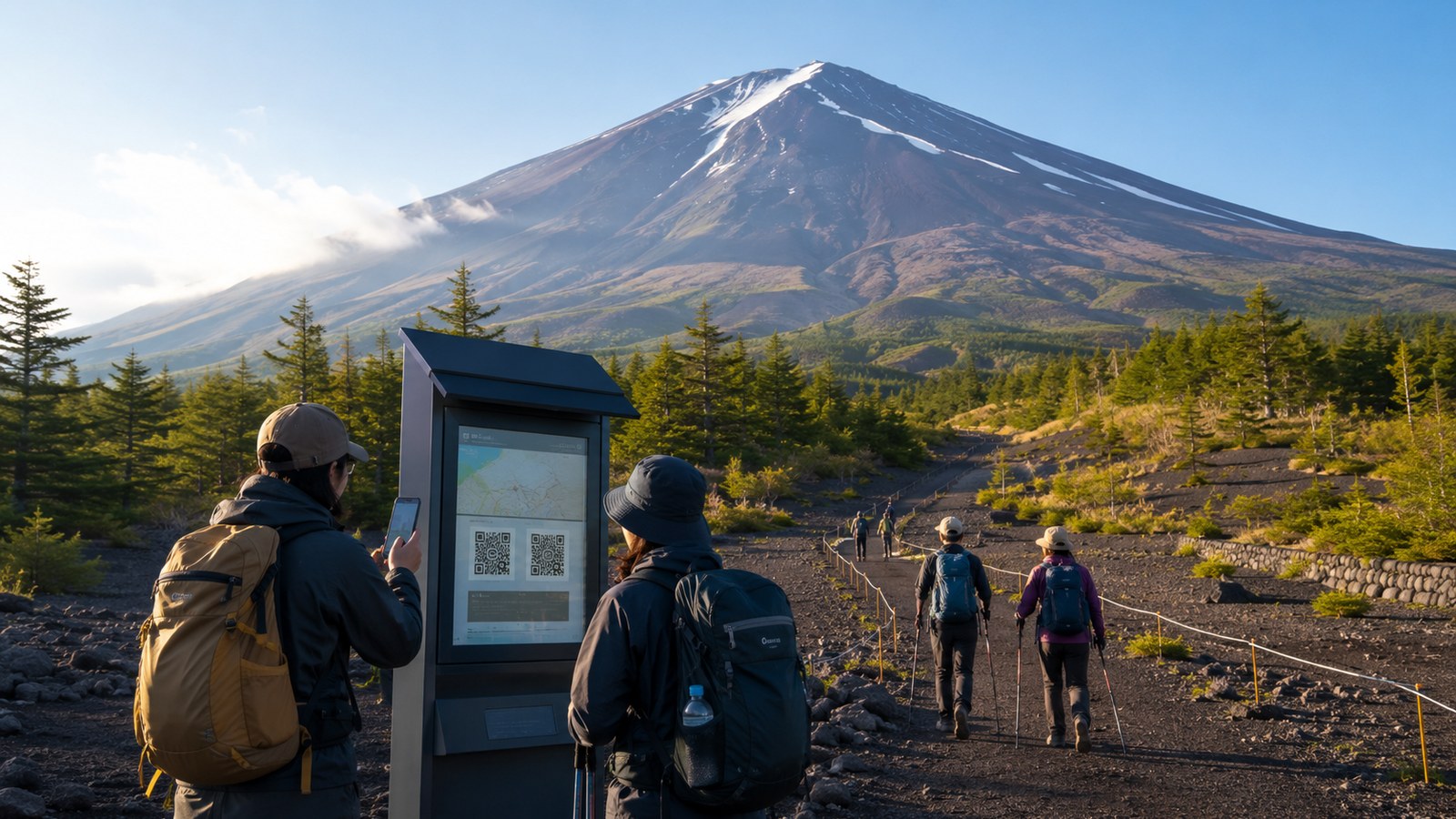 Hikers checking Shizuoka-side Mt. Fuji trail information before climbing