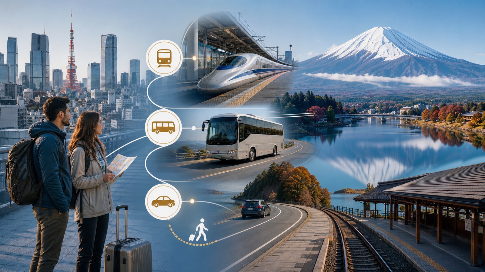 Illustrated route from Tokyo to Lake Kawaguchiko showing train, highway bus, luggage, and Mt. Fuji destination planning