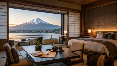 Elegant ryokan room with Mt. Fuji and lake view for a refined stay guide