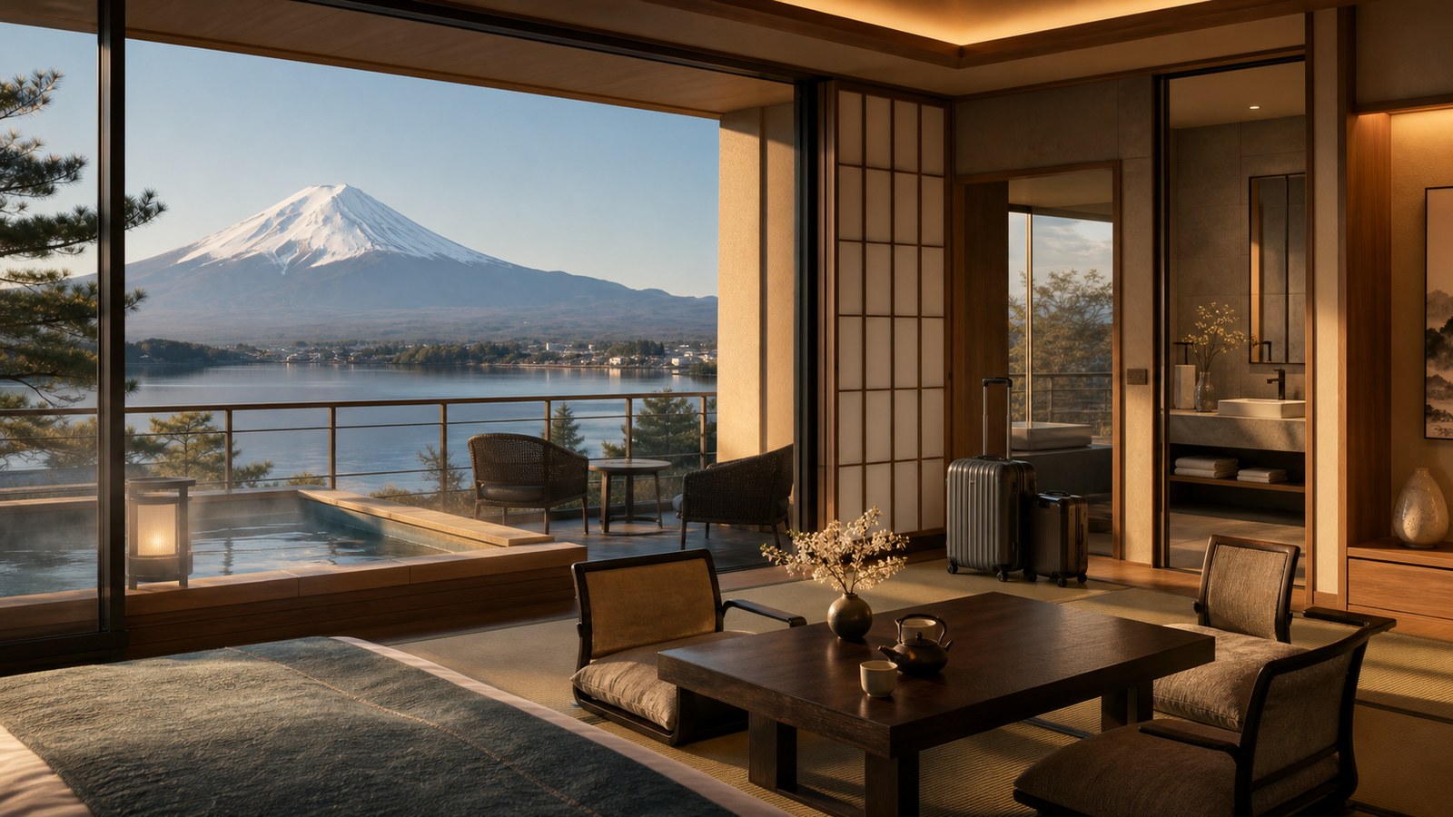 Photorealistic Mt. Fuji view ryokan room with private onsen bath and Lake Kawaguchiko view for stay planning