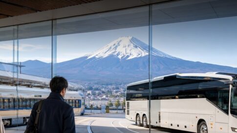 Train and coach connections with Mount Fuji in the background for a Kawaguchiko access update