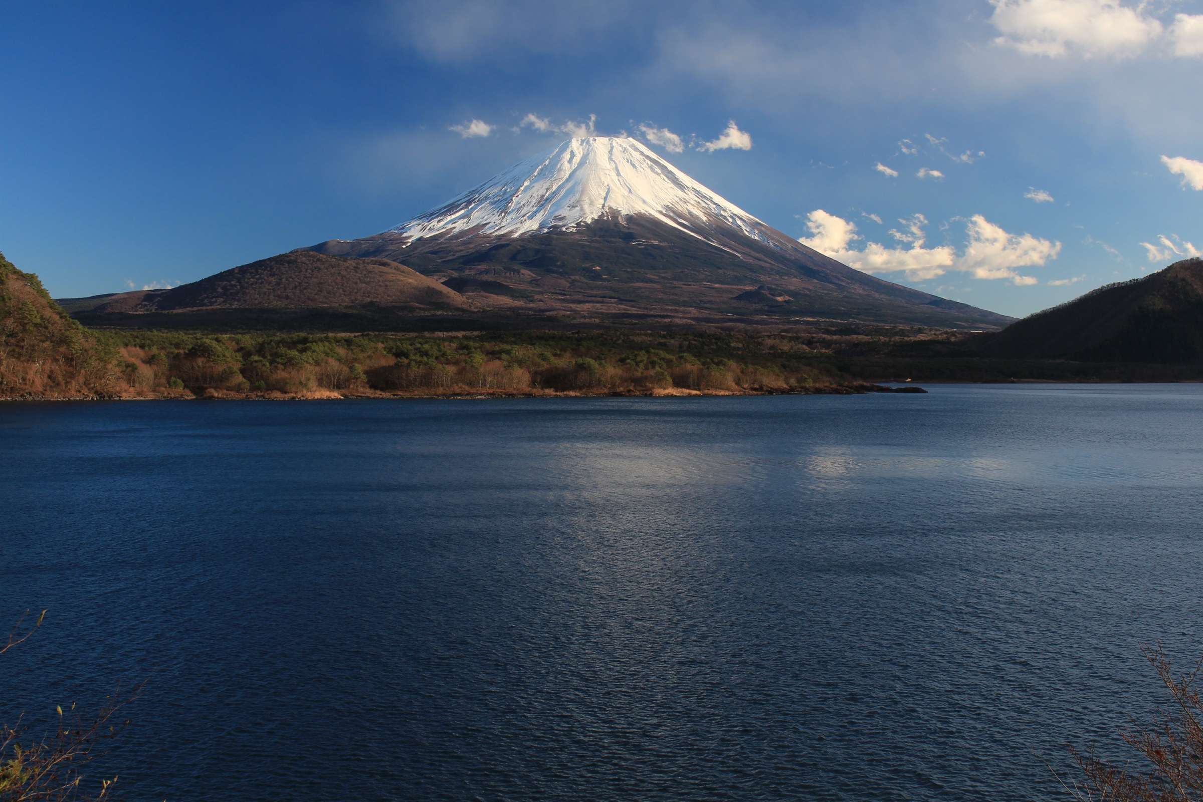 Mt. Fuji above a calm lake in the Fuji Five Lakes region
