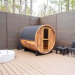 Barrel sauna and Jacuzzi on a forest terrace near Lake Yamanaka for a Fuji Five Lakes sauna guide