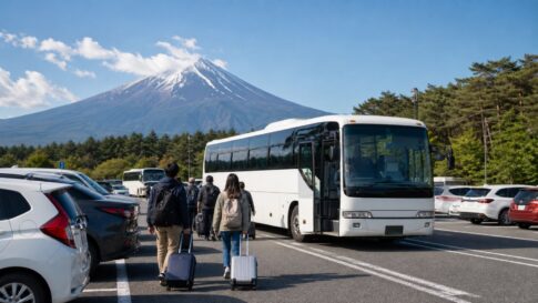 Travelers walking from a parking area toward a shuttle bus with Mt. Fuji in the background