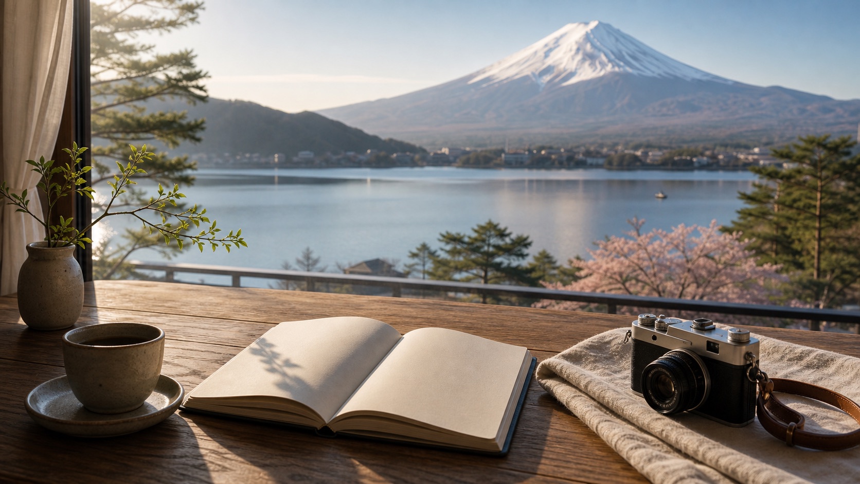 Mt. Fuji and Lake Kawaguchiko trip planning scene