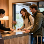 Travelers checking in at a hotel reception desk for a Fujikawaguchiko lodging tax travel update