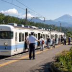 Travelers boarding an unbranded local train at a station near Mount Fuji