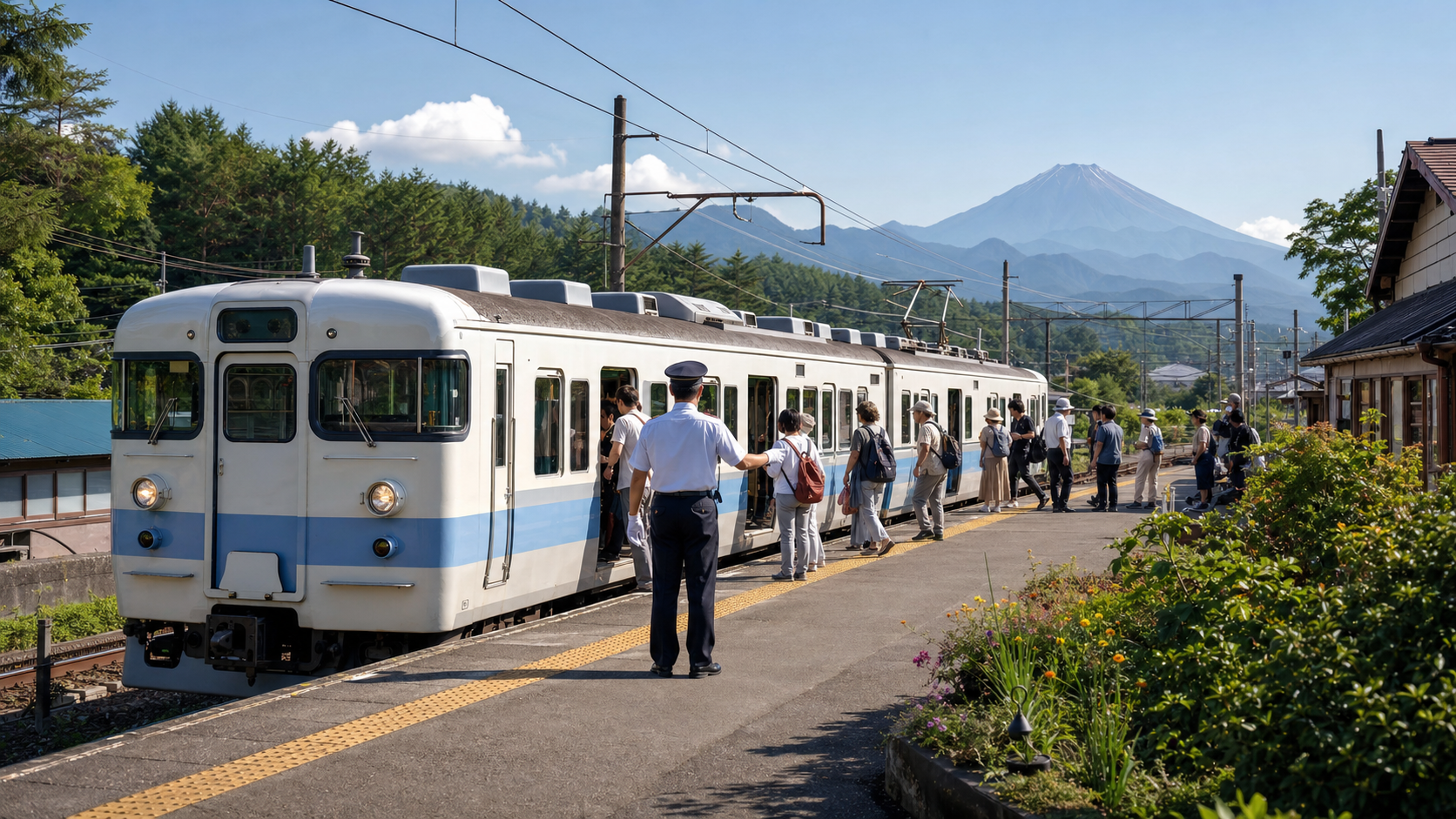 Travelers boarding an unbranded local train at a station near Mount Fuji