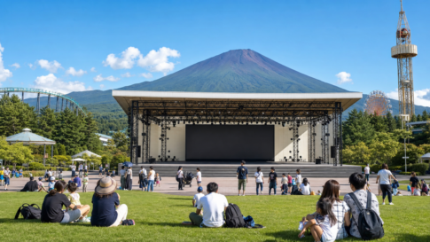 Outdoor event stage in an amusement park near snow-free Mount Fuji