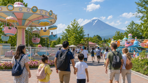 Families entering a colorful outdoor amusement park ride area near Mount Fuji