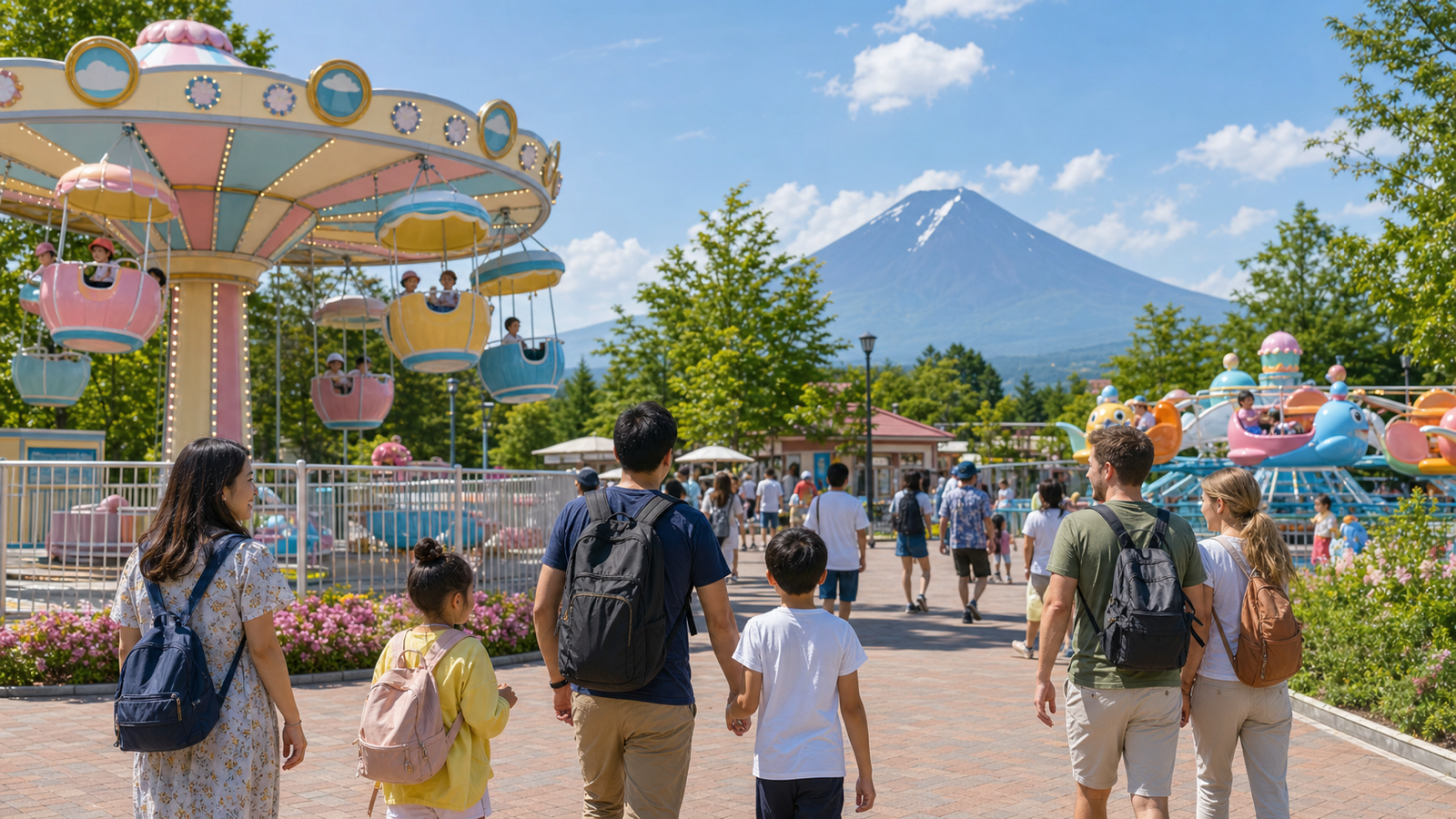 Families entering a colorful outdoor amusement park ride area near Mount Fuji