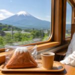 Mountain-shaped bread and coffee beside a sightseeing train window with Mount Fuji outside