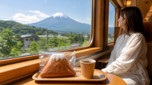 Mountain-shaped bread and coffee beside a sightseeing train window with Mount Fuji outside