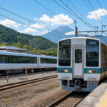 An ordinary local train beside a sightseeing-style train at a station near Mount Fuji