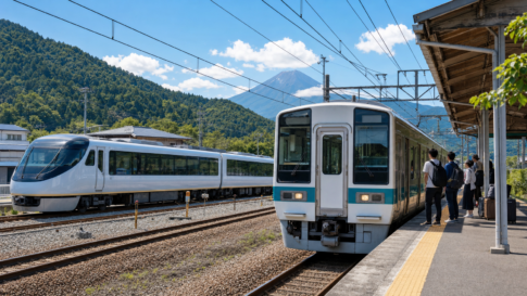 An ordinary local train beside a sightseeing-style train at a station near Mount Fuji