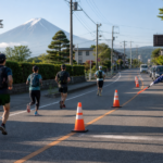 Mountain runners and a traffic marshal on a Fujiyoshida road with Mount Fuji behind them