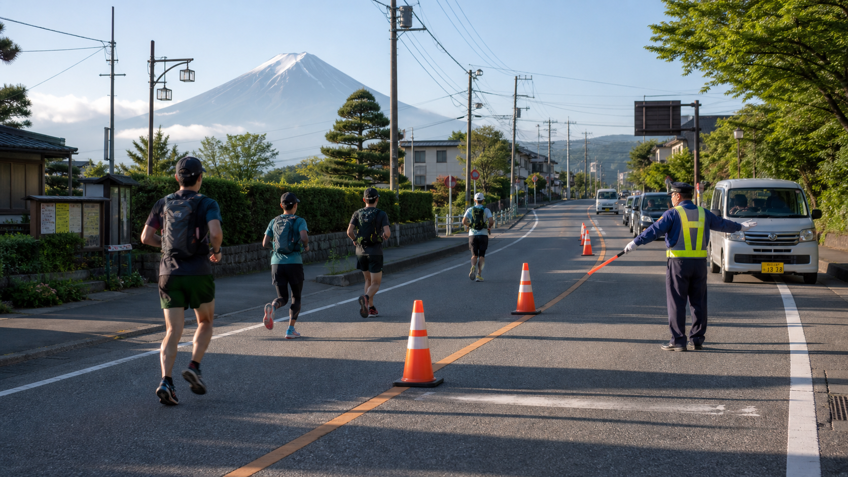 Mountain runners and a traffic marshal on a Fujiyoshida road with Mount Fuji behind them