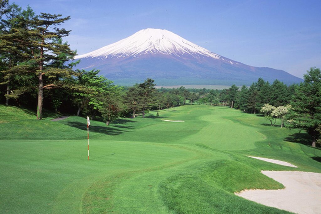 Mt. Fuji view from a green golf course near Yamanakako