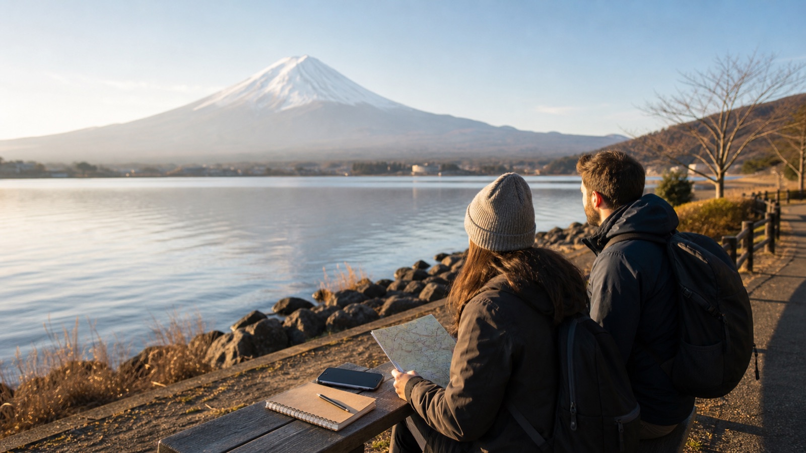 Travelers planning a two day Lake Kawaguchiko itinerary with Mt. Fuji across the lake