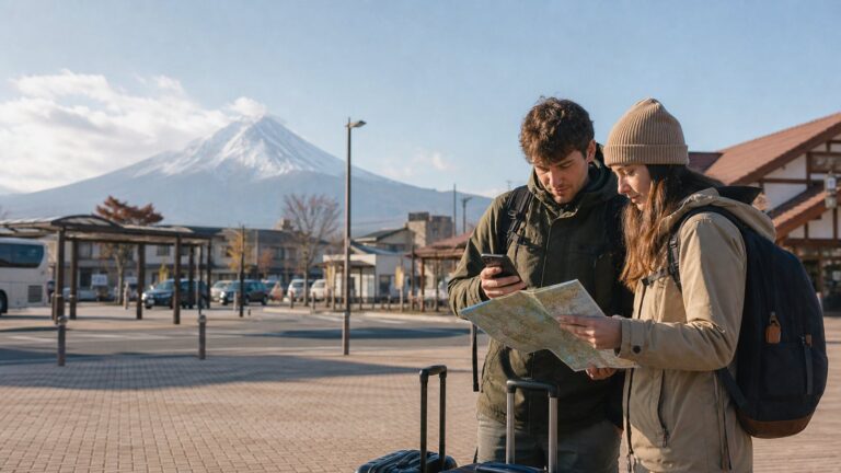 Travelers checking a map outside Kawaguchiko Station