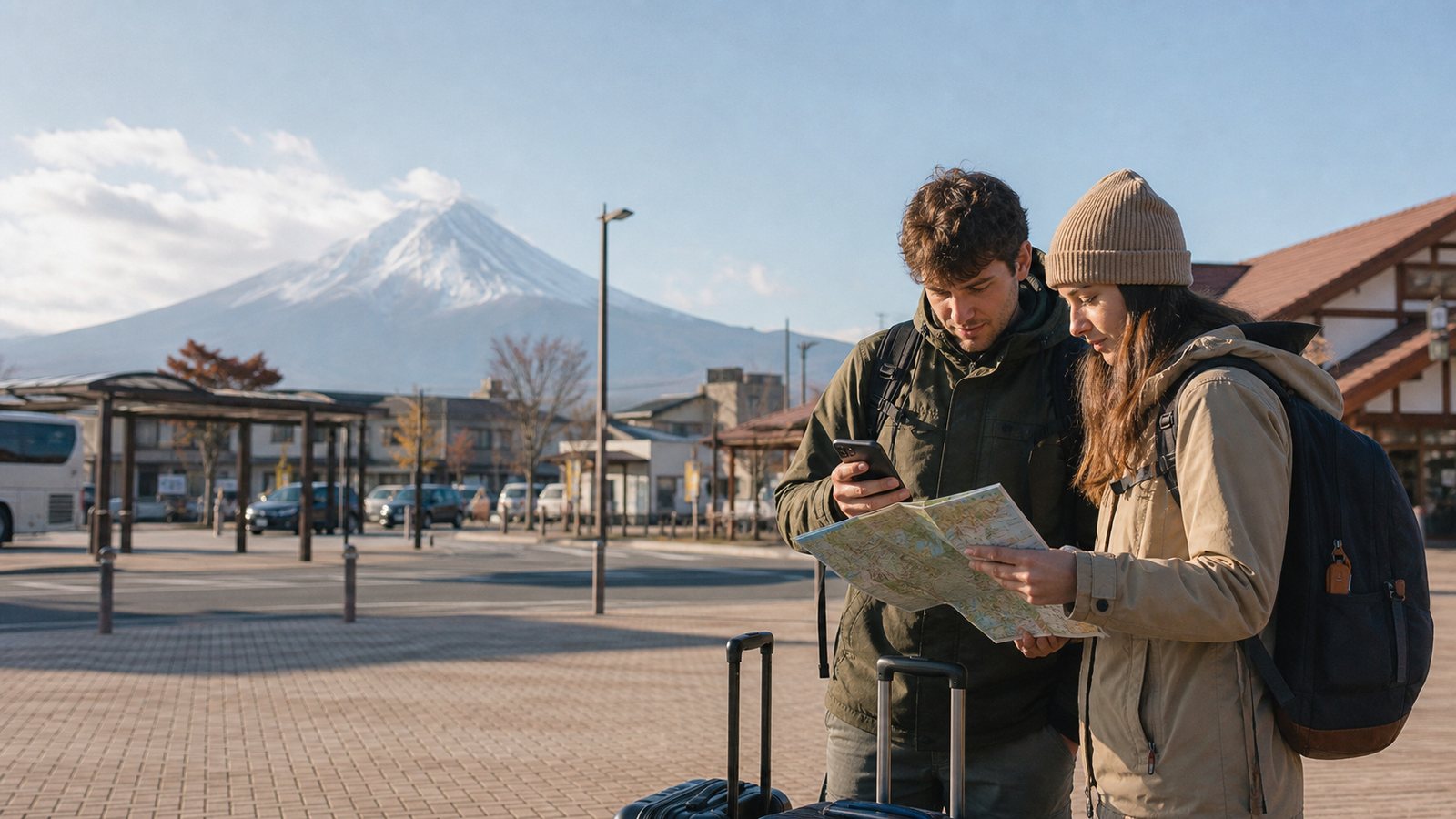 Travelers checking their route outside Kawaguchiko Station with Mt. Fuji in the distance